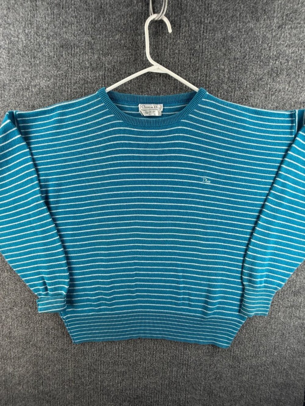 VTG Christian Dior Oversized Sweater Blue Large Striped Logo USA Pullover Knit